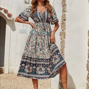 Boho floral print V neck A-line dress